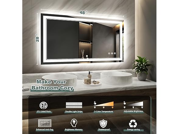 KQTULH 48"x28" LED Bathroom Mirror