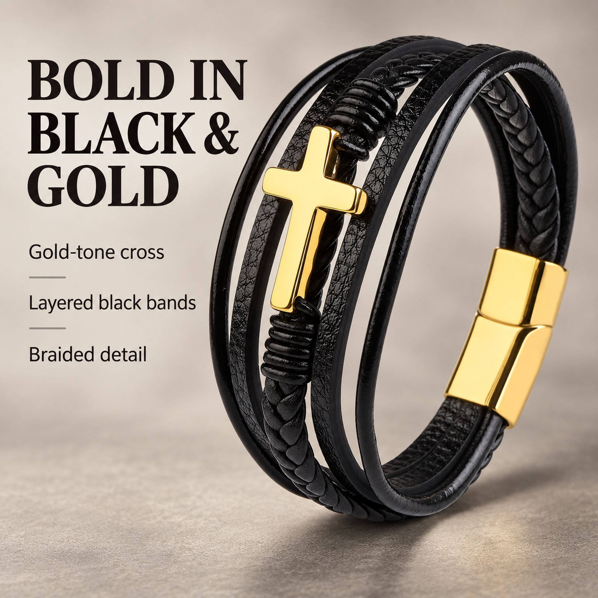 Mens Braided Leather Cross Bracelet - Gallery 7