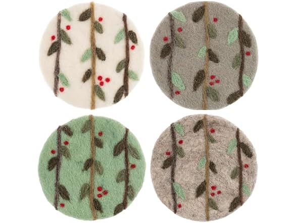 Handmade Holiday Felt Round Coasters Set of 4 Holly