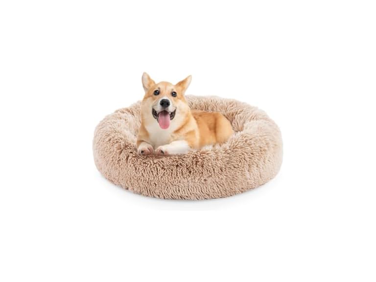 FluffyDream 30 Inch Calming Donut Bed for Dogs and Cats, Brown Washable Plush Fur Cuddle Bed