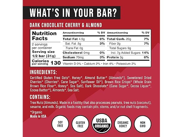 12Ct Kates Real Food Organic Dark Chocolate Cherry