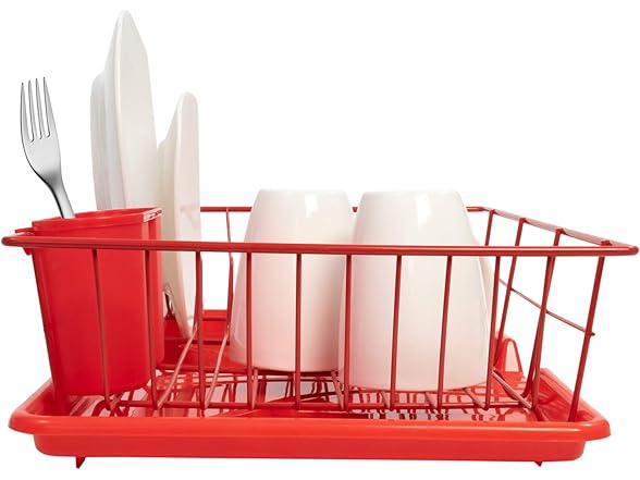 3 Piece Metal Dish Drainer Rack Set Red