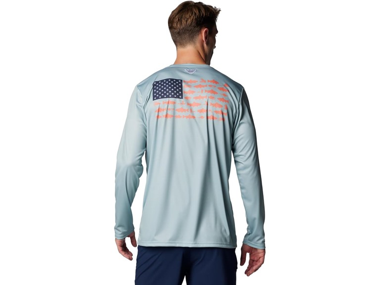Columbia Men's Terminal Tackle PFG Fish Flag Long Sleeve, Crushed Blue/Faded Peach Trout + Flies, X-Small