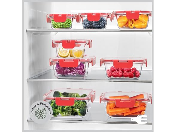  Glass Food Storage Containers with Lids 16 Pieces Red