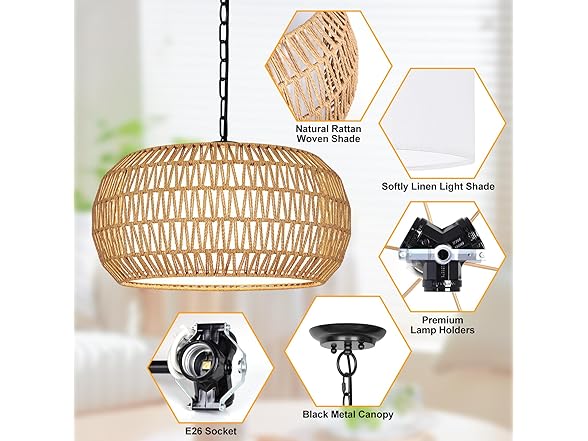19" Rattan Chandeliers for Dining Room, Boho