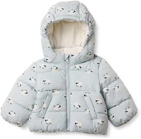 Amazon Essentials x Sofia Grainge Boys' Water-Resistant Hooded Puffer Jacket, Dove Grey Sheep, X-Small