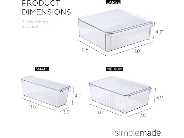 SIMPLEMADE Clear Refrigerator Organizer Bins - Pack of 3
