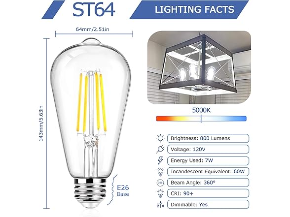 BesLowe 12-Pack ST64 LED Edison Bulbs 5000K