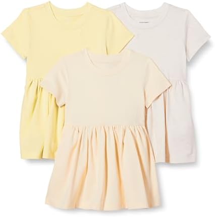 Amazon Essentials Girls' Short Sleeve Jersey Dress, Pack of 3, Beige/Oatmeal Heather/Pastel Yellow, X-Small