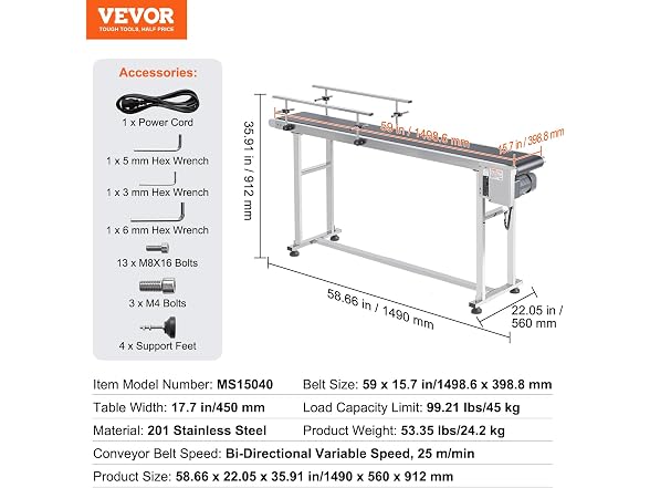 Belt Conveyor, 59 x 15.7 inch Conveyor Table