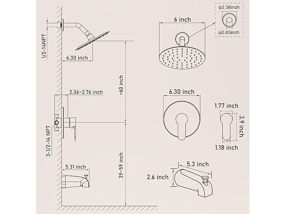 HomGoo Tub Shower Faucet Set 6" Head