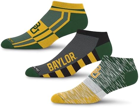 For Bare Feet NCAA BAYLOR BEARS Stripe Stack 3 Pack Ankle Sock Team Colors Large
