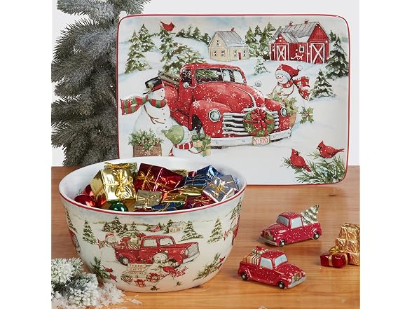 Red Truck Snowman 8.5" Salad/Dessert Plates, Set of 4