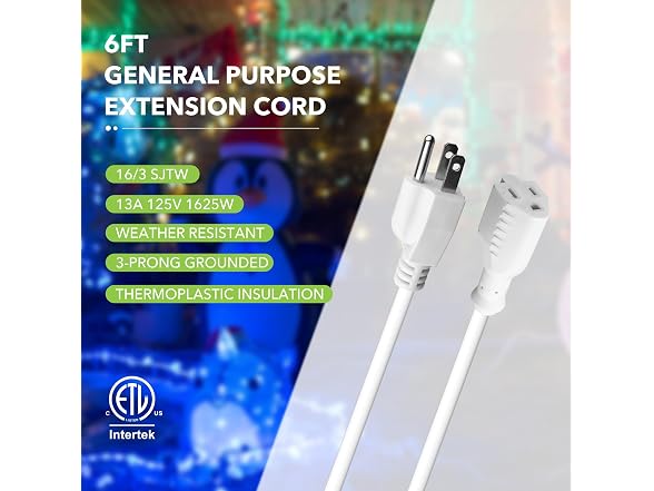 BN-LINK 6ft White Outdoor Extension Cord 16/3 SJTW, 2 Pa