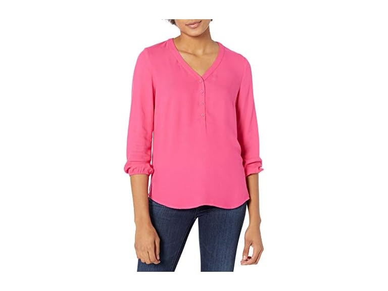 Amazon Essentials Women's 3/4 Sleeve Button Popover Shirt, Loose-Fit V-Neck Blouse, Lightweight, Bright Pink, Large