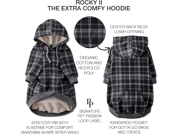 Pet Passion Rocky II Dog Hoodie, Black Sand Plaid XXXS