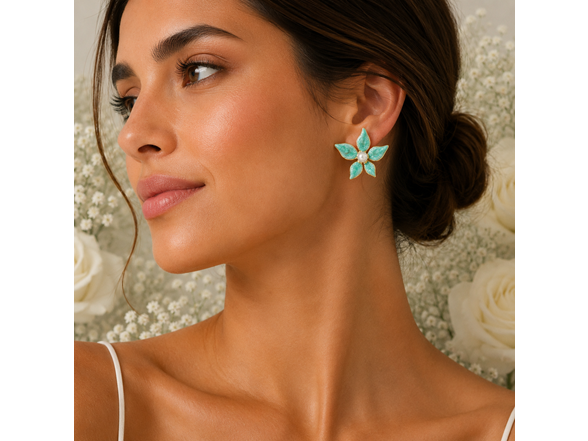 18K Gold Turquoise Flower Pearl Studs