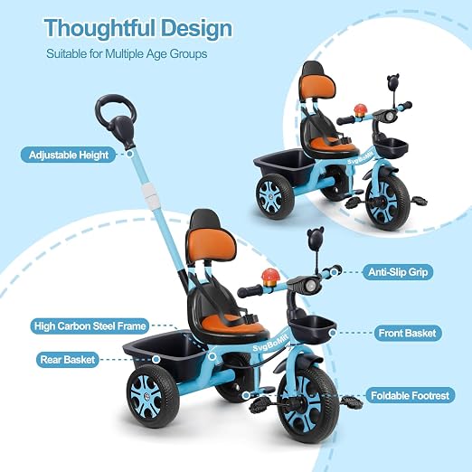 Kids Tricycle w/ Push Bar Storage Basket- Choose Color - Gallery 14