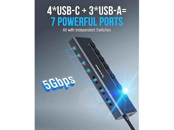 SABRENT 7-Port USB-C Hub 48W w/ Switches