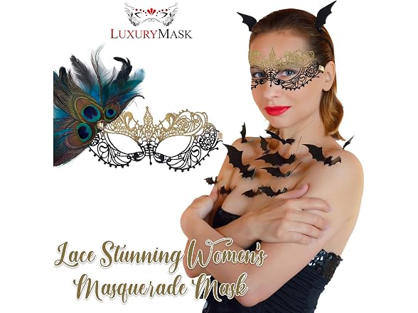 Luxury Mask Kids (OS) Black Gold Peacock Feather M