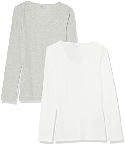 Amazon Essentials Women's Slim-Fit Layering Long Sleeve Knit Rib V-Neck Shirts (Available in Plus Size), Pack of 2, White/Grey, XX-Large