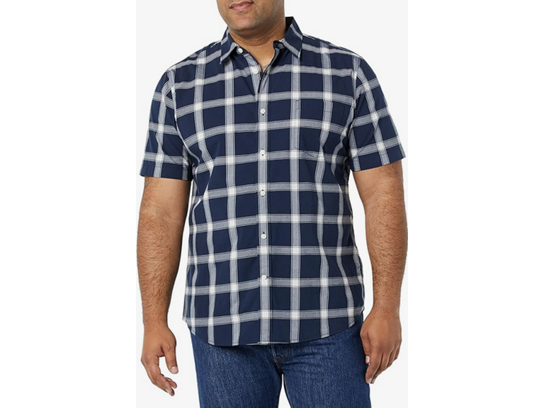 Amazon Essentials Men's Slim-Fit Short-Sleeve Poplin Shirt, Navy White Buffalo Plaid, Large