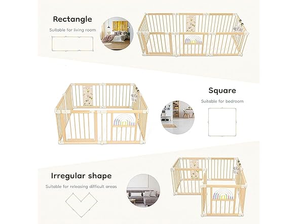 Ulnxiy Foldable Wooden Baby Playpen Activity Center,Adjustable Size & Shape Portable Play Yard, Baby Fence Play Area with Gate for Indoor Use for Babies and Toddlers(56x56x24inches) (Open Box)
