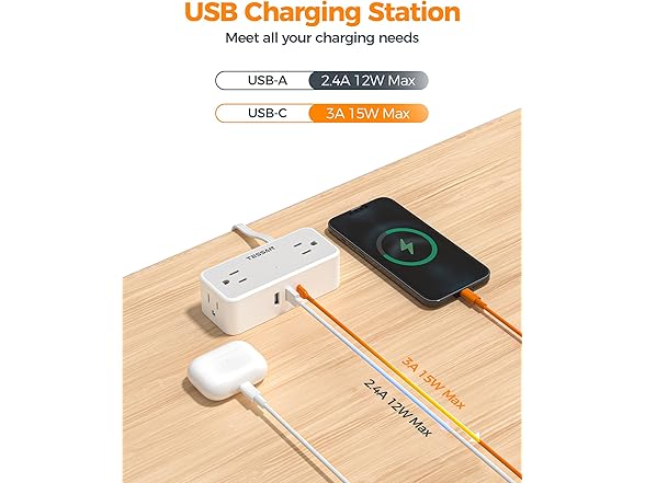 TESSAN 25ft Cord Power Strip (4 Outlets, 1 USB-C, 2 USB-A)