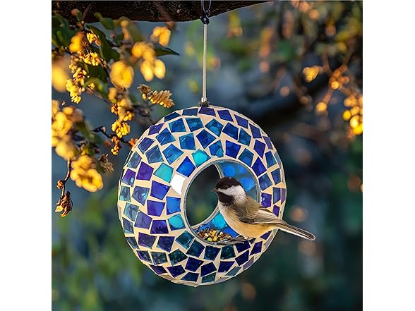 Sunnydaze 6-Inch Glass Mosaic Hanging Bird Feeder, Blue Mosaic
