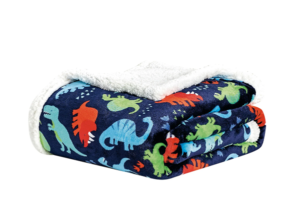 Navy Dino Faux Shearling Sherpa Throw Blanket