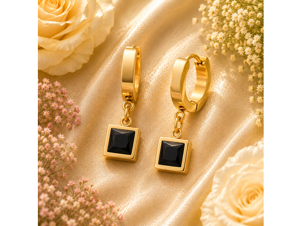 18K Gold Black Square Stone Huggies