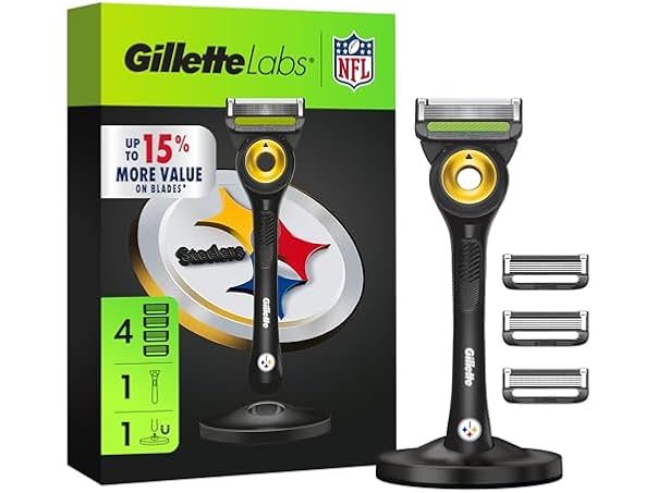 $10.99, Was $15.19, 27% Off! Gillette Labs Special NFL Steelers Edition Shaving Razor for Men - 1 Handle, 4 Razor Blade Refills & Magnetic Stand, GilletteLabs with Exfoliating Bar dealfomo