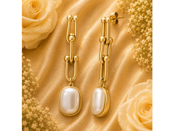 18K Gold Pearl Link Drop Earrings