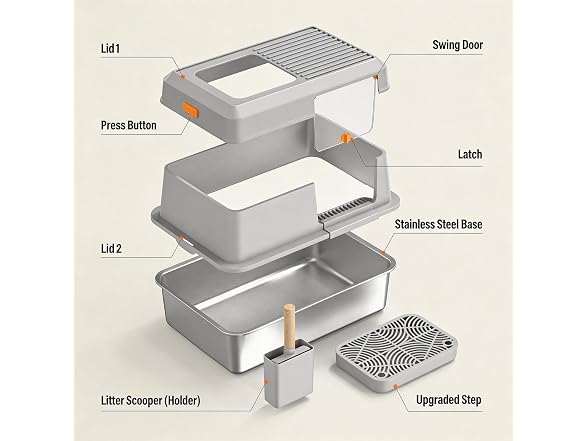 CatbruLop Extra Large Enclosed Stainless Steel, Grey