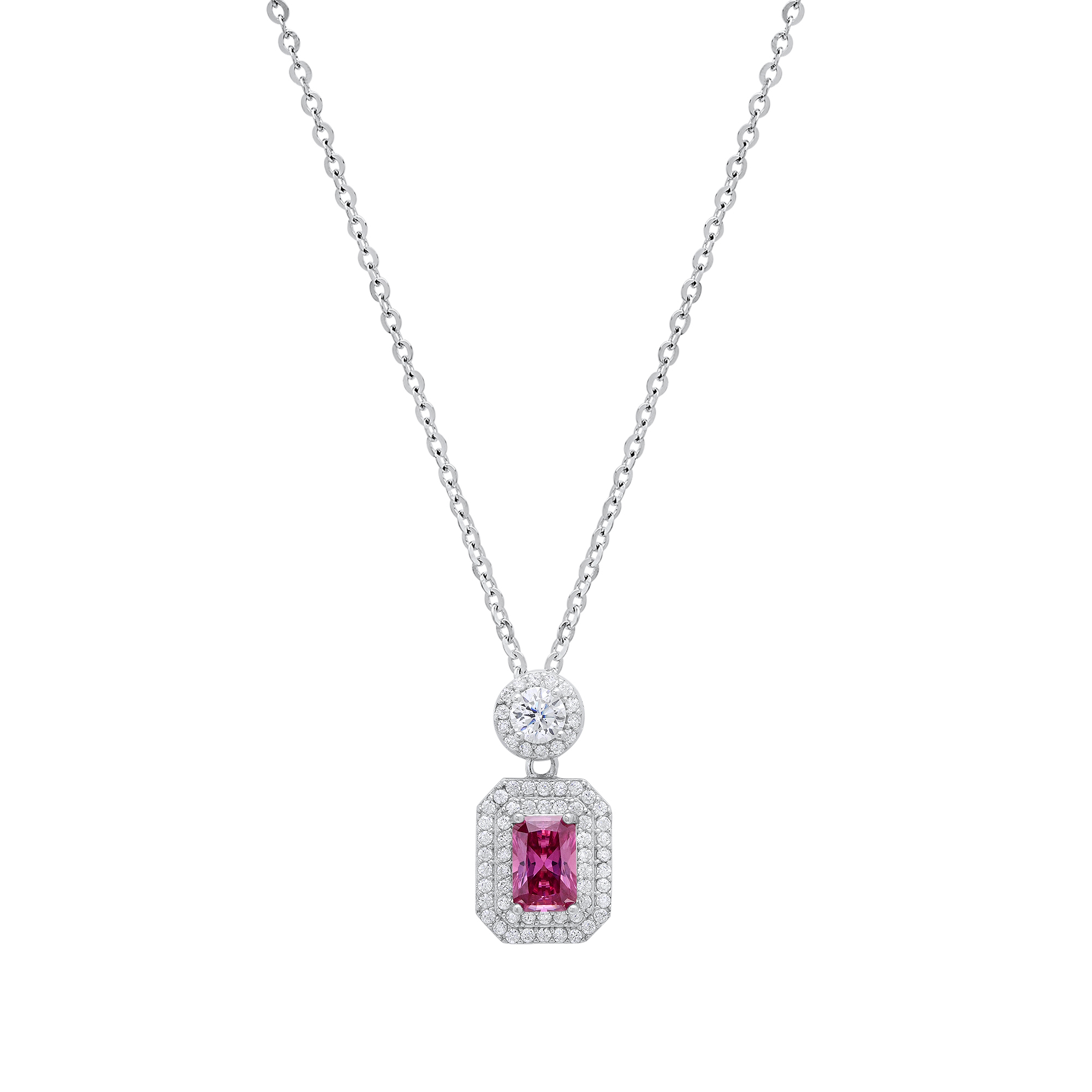 Pink Emerald Cut Diamond Halo Necklace - Gallery 4