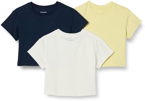 Amazon Essentials Girls' Short Sleeve T-Shirts, Pack of 3, Ivory/Navy/Pastel Yellow, Large