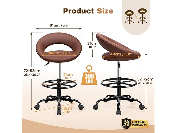 Drafting Chair with Back, Height Adjustable Rolling Stool with Foot Rest, Tall 360° Swivel Stool PU Leather Chair with Wheels for Home Office, Standing Desk, Brown (Open Box) - Gallery 3
