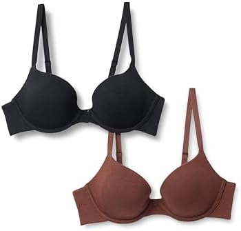 Amazon Essentials Women's Cotton Jersey Lined Wired Plunge Bra, Pack of 2, Black/Rich Hazel, 32DD