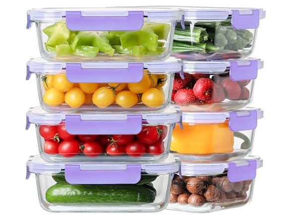 HOMBERKING 8-Pk 36oz Large Glass Meal Prep Containers, Purp