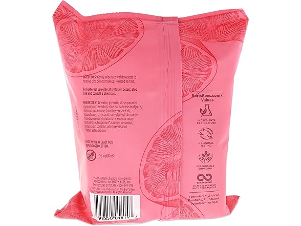 Burts Cleasing Towel Pink Grapefruit 30ct