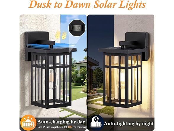 2-Pack Solar Outdoor Wall Lights, Exterior Wall Lanterns Black