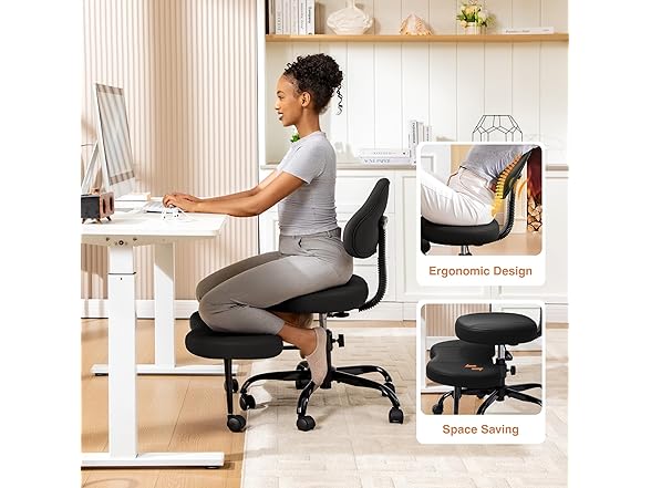 AtHope Cross Legged Office Chair, Criss Cross Desk Chair ADHD Meditation Kneeling Yoga Seat with Adjustable Height, Lumbar Support, Wider Footrest and Wheels (Black) (Open Box)