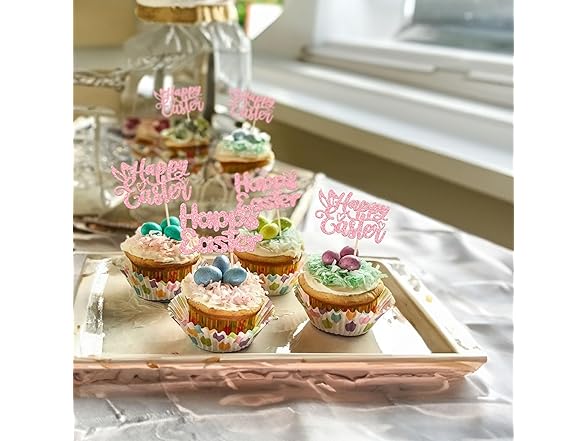Gyufise 24Pcs Pink Glitter Easter Topper
