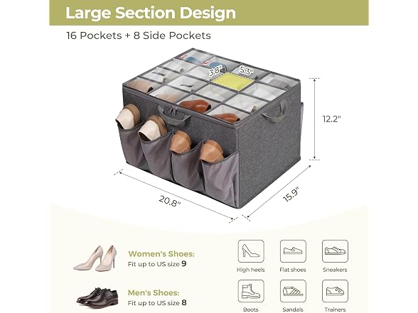STORAGEIDEAS Fabric Shoe Organizer for Closet Grey, 1 Pack