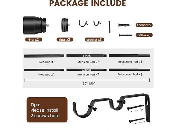 Double Curtain Rod, 72-144", Black