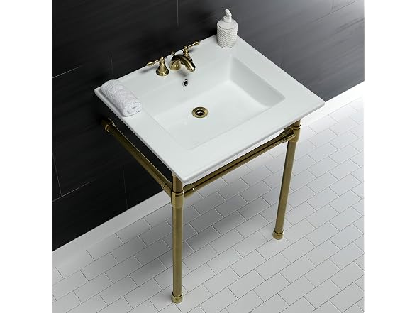 Kingston Brass 25" Ceramic Console Sink, White/Brushed Brass
