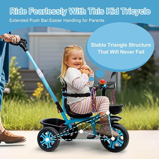 Kids Tricycle w/ Push Bar Storage Basket- Choose Color - Gallery 13