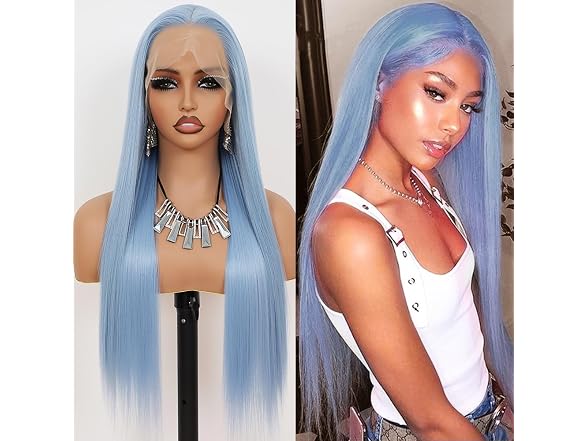 Maycaur Ice Blue Lace Front Wigs Long Straight