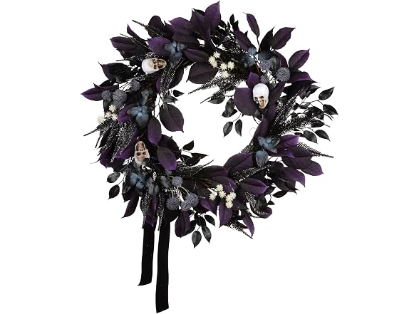 National Tree Company, 26inch Artificial Floral Mini Skull Wreath, 30 Purple LED Lights