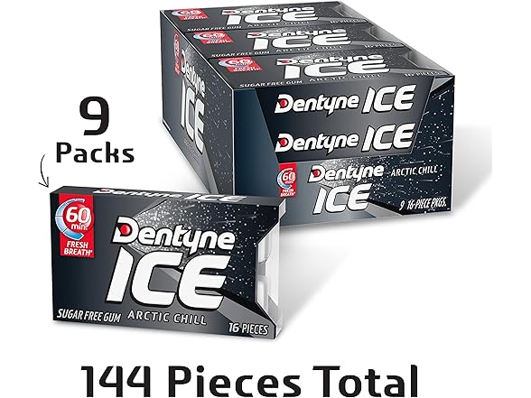 Dentyne Ice Arctic Chill Sugar Free Gum, 9 Packs of 16 Pieces (144 Total Pieces)